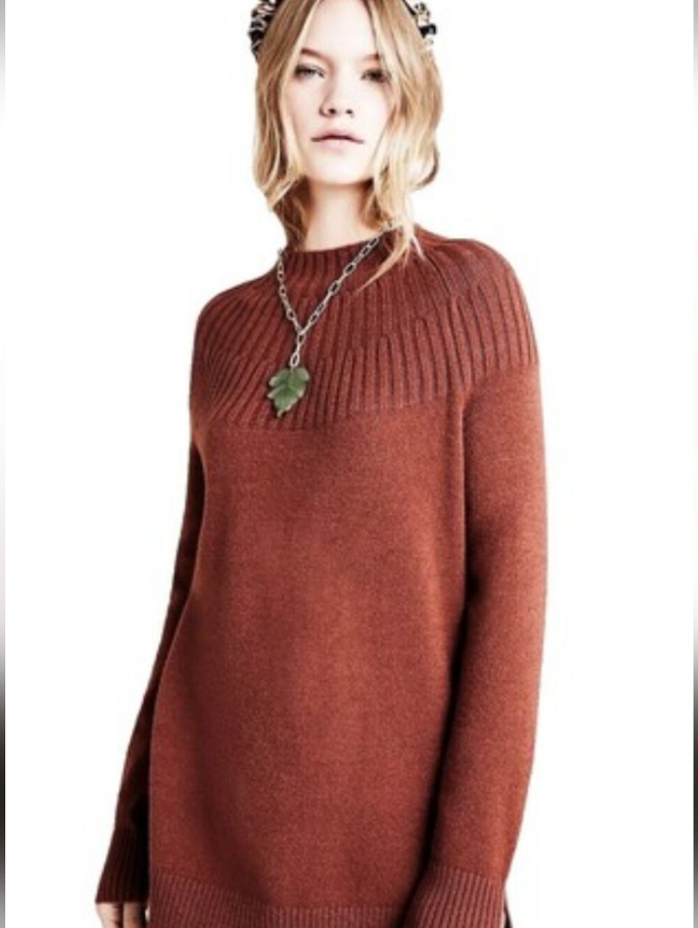Anthropologie WelforRib-Yoke Pullover Sweater in Deep Rust Brown L